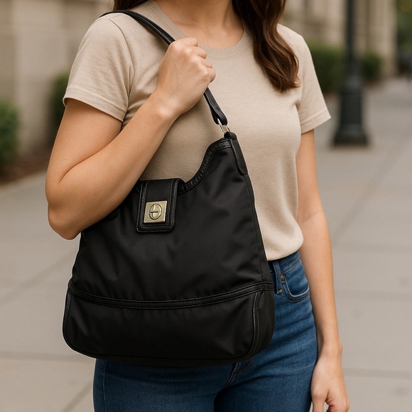 Kate Spade Hobo Turnlock Nylon Patent Leather Black Shoulder Bag never used - Picture 1 of 9